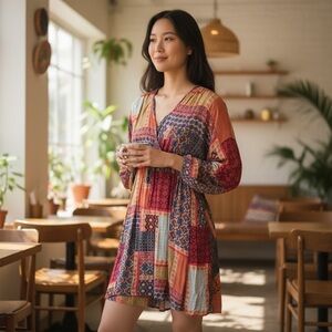 Easel patchwork dress, v- neck, long sleeve, Size Large.